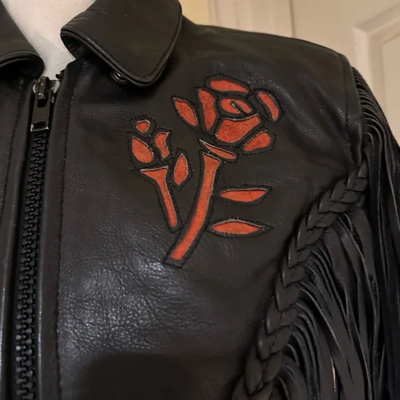 Black Fringe Leather Biker Jacket with Cut Out Rose Details - Picture 5 of 16